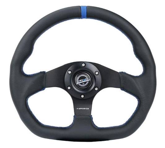NRG Reinforced Steering Wheel (320mm) Sport Leather Flat Bottom w/ Blue Center/ Blue Stitching - Racecraft Industries