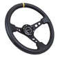 NRG Reinforced Steering Wheel (350mm / 3in. Deep) Blk Leather w/Blk Cutout Spoke/Yellow Center Mark - Racecraft Industries
