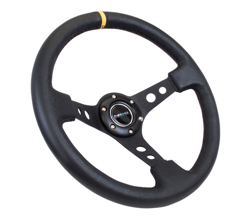 NRG Reinforced Steering Wheel (350mm / 3in. Deep) Blk Leather w/Blk Cutout Spoke/Yellow Center Mark - Racecraft Industries