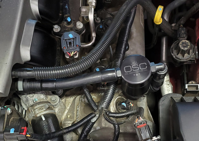 J&L 05-10 Ford Mustang GT Driver Side Oil Separator 3.0 V2 - Black Anodized - Racecraft Industries