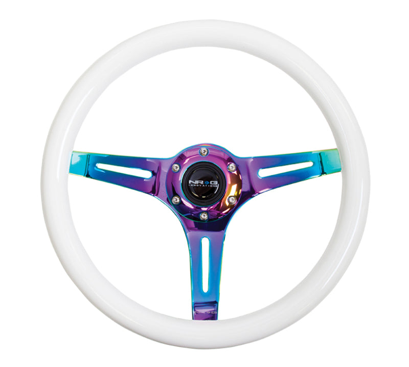 NRG Classic Wood Grain Steering Wheel (350mm) Glow-N-The-Dark Green Grip w/Neochrome 3-Spoke Center - Racecraft Industries