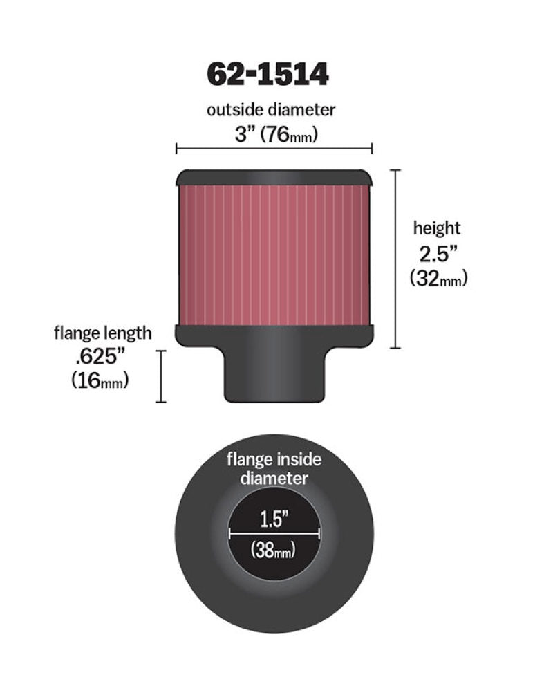 K&N 1.5in Flange ID x 3in OD x 2.5in Height Clamp On Crankcase Vent Filter - Racecraft Industries