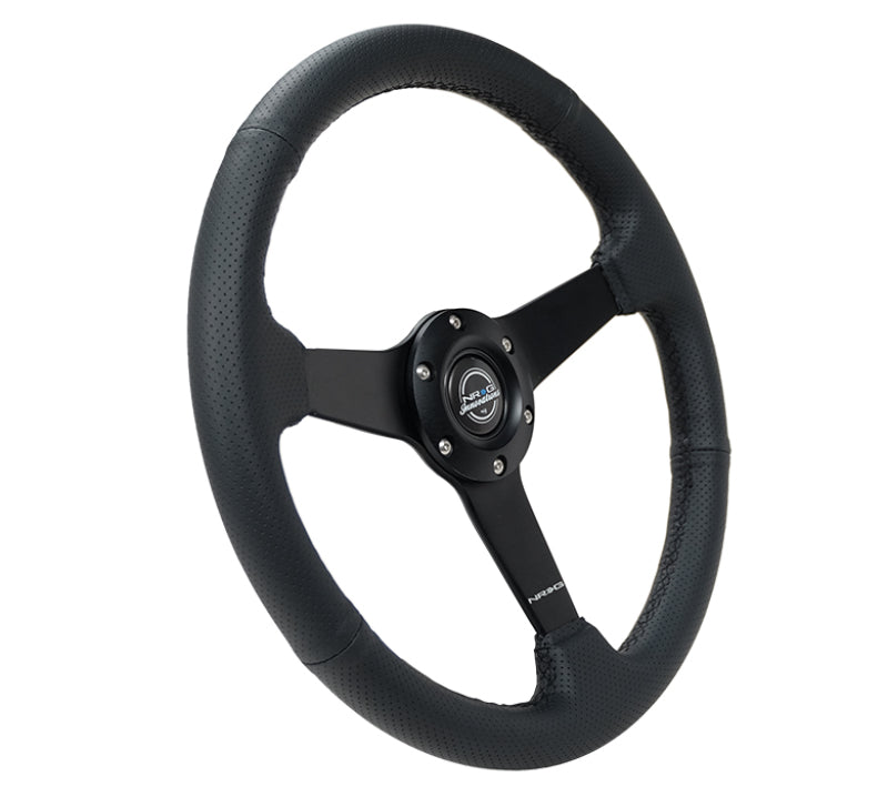 NRG Sport Steering Wheel (350mm / 1.5in Deep) Black Leather Black Stitch w/Matte Black Solid Spokes - Racecraft Industries