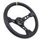 NRG Reinforced Steering Wheel (350mm / 3in. Deep) Blk Leather w/Blk Cutout Spoke/Yellow Center Mark - Racecraft Industries