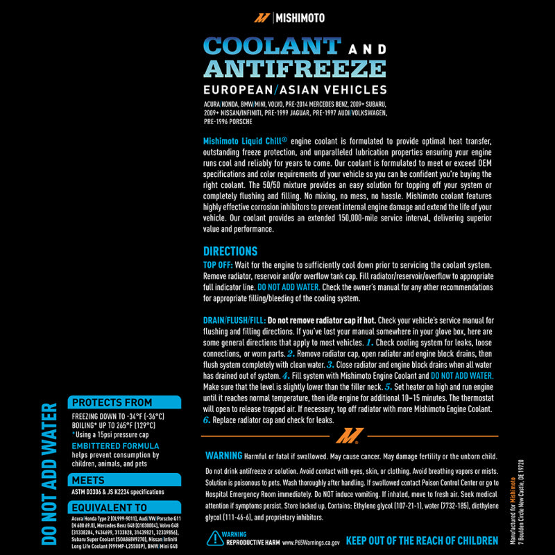 Mishimoto Liquid Chill EG Coolant, European/Asian Vehicles, Blue - Racecraft Industries