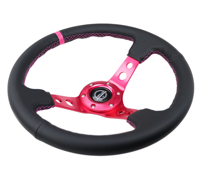 NRG Reinforced Steering Wheel (350mm/3in. Deep) Black Leather/ Fushia Center Mark/ Fushia Stitching - Racecraft Industries
