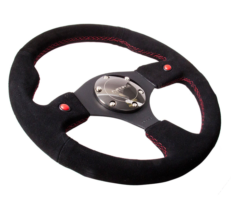 NRG Reinforced Steering Wheel (320mm) Blk Suede w/Dual Buttons - Racecraft Industries