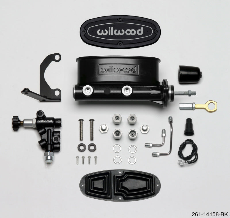 Wilwood HV Tandem M/C Kit w L/H Bracket & Prop Valve - 15/16in Bore Black-W/Push. - Early Mustang - Racecraft Industries