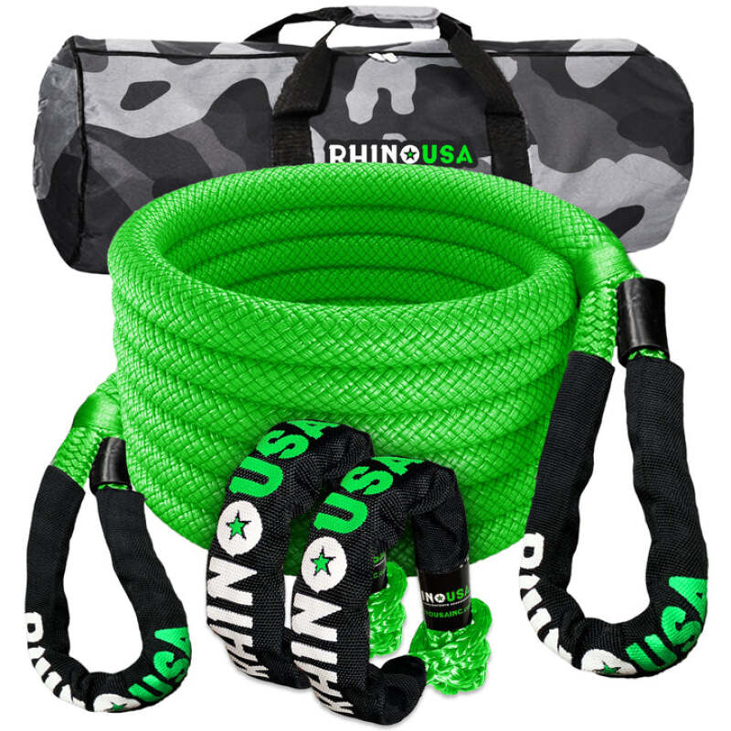 Rhino USA 7/8In X 30Ft Kinetic Rope Recovery Kit W/Soft Shackles (Green) - Racecraft Industries
