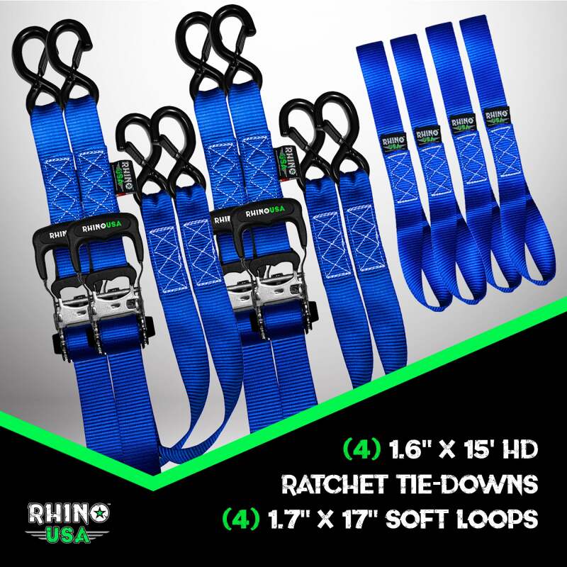 Rhino USA Heavy Duty Ratchet Tie-Down 4-Pack Blue 1.6In X 15Ft - Racecraft Industries